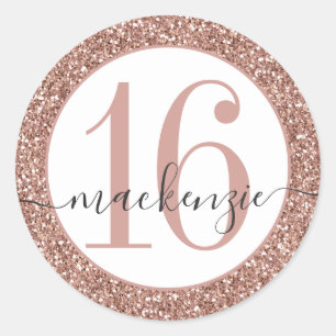 Roos Gold Pink Glitter Birthday Name Sticker Label
