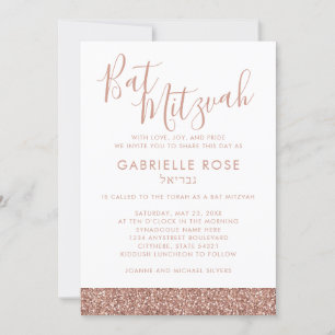 Roos Gold Pink Glitter Chic Minimal Bat Mitzvah Kaart