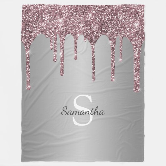 Roos Gold Pink Glitter Drift Silver Monogram Naam Fleece Deken (Voorkant)