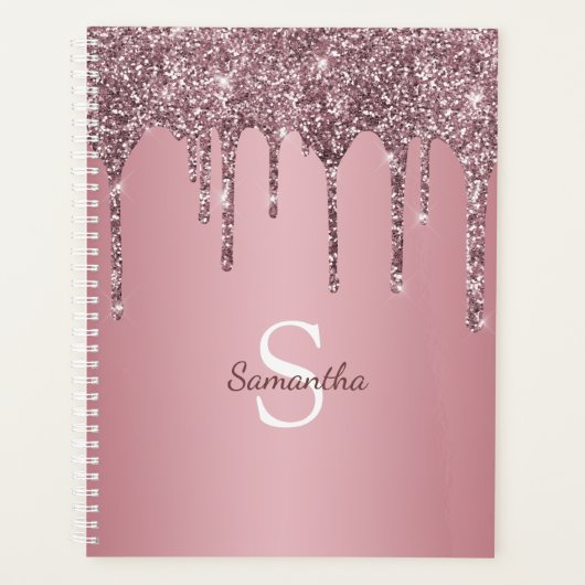 Roos Gold Pink Glitter Drift Sparkle Monogram Name Planner (Voorkant)