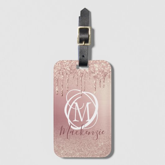 Roos Gold Pink Glitter Drip Elegant Monogram Bagagelabel (Voorkant (verticaal))