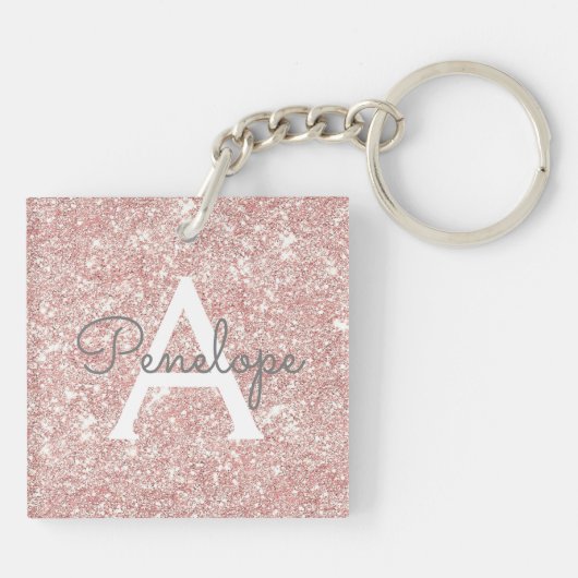 Roos Gold Pink Glitter en Monogram Sleutelhanger (Achterkant)