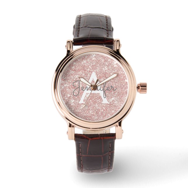 Roos Gold Pink Glitter en Sparkle Monogram Horloge (Voorkant)