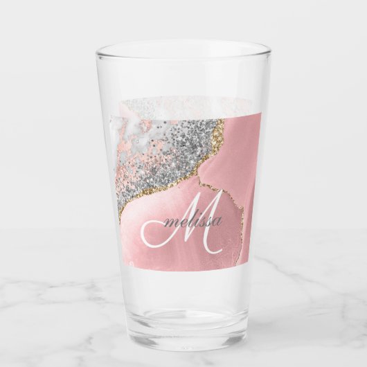 Roos Gold Pink Glitter Marble Monogram Name Script Glas (Voorkant)