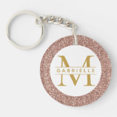 Roos Gold Pink Glitter Monogram Naam Sleutelhanger (Voorkant)