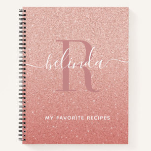 Roos Gold Pink Glitter Monogram Recipbook Cookbook Notitieboek