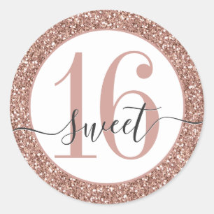 Roos Gold Pink Glitter Sweet 16 Favor Sticker Seal