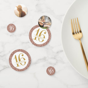 Roos Gold Pink Glitter Sweet 16 Naam en foto Confetti