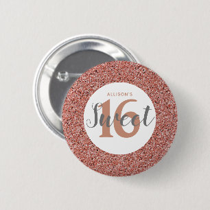 Roos Gold Pink Glitter Sweet 16 Party Favor Name Ronde Button 5,7 Cm