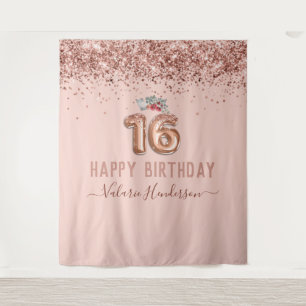 Roos Gold Pink Happy 16th Birthday Tapestry Wandkleed