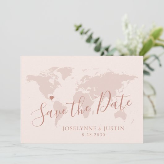 Roos Gold Pink Map Destination Travel Weddenschap  Save The Date (Staand voorkant)