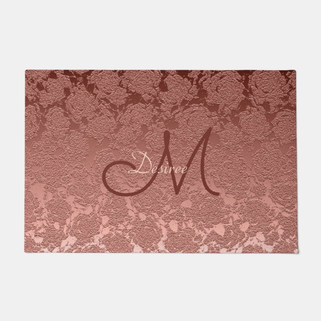Roos Gold Pink Monogram Floral Modern Classy Deurmat (Voorkant)