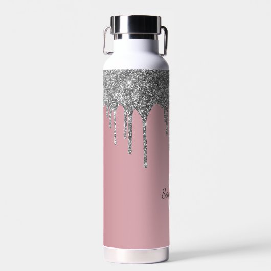 Roos Gold Pink Silver Glitter Drift Monogram Naam Waterfles (Voorkant)