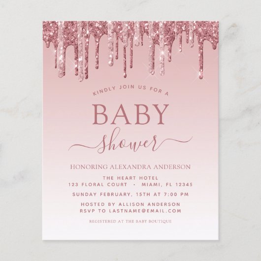Roos Gold Pink Sparkle Glitter Baby shower Flyer (Voorkant)