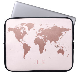 Roos Gold Pink Wereldkaart Elegant Monogrammen Laptop Sleeve