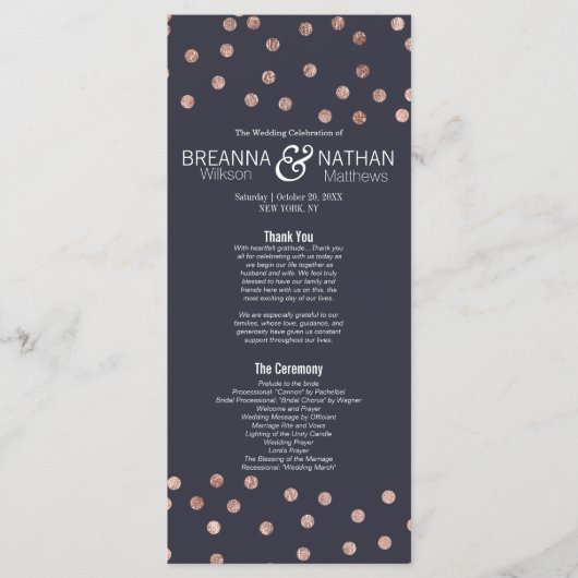 Roos Gold Polka Dots en Navy Blue Wedding Programm Programma (Voorkant)