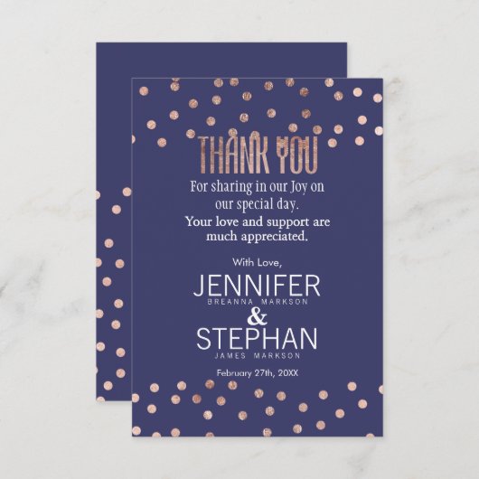 Roos Gold Polka Dots Light Navy Blue Hartelijk dan Bedankkaart (Voorkant / Achterkant)