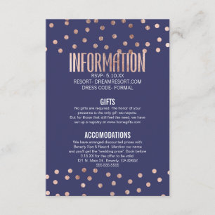 Roos Gold Polka Dots Light Navy Blue Wedding Informatiekaartje