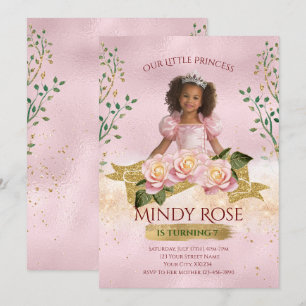 Roos Gold Princess Kids Verjaardagsuitnodiging Kaart