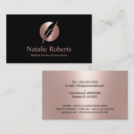 Roos Gold Quill-Logo van de leningtekenaar Visitekaartje (Voorkant / Achterkant)