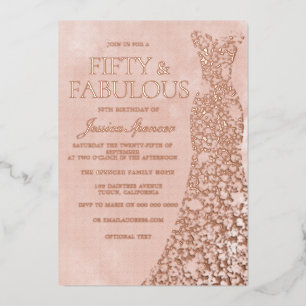 Roos Gold, robuust Roos & Blush dress 50th Birthda Folie Uitnodiging