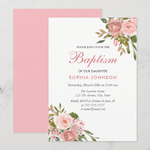 Roos Gold & Roze Flowers Girls Baptism Invite Kaart