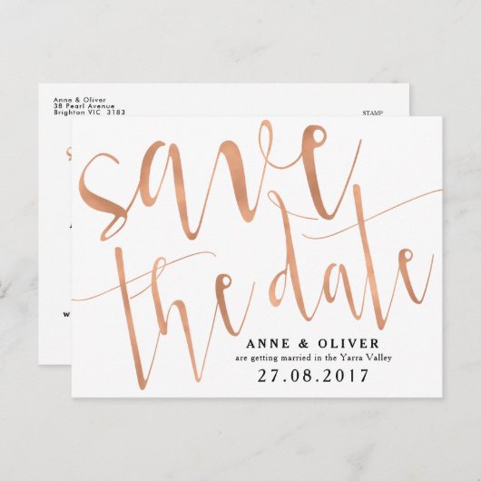 Roos Gold Save the Date Briefkaart Rustic (Voorkant / Achterkant)