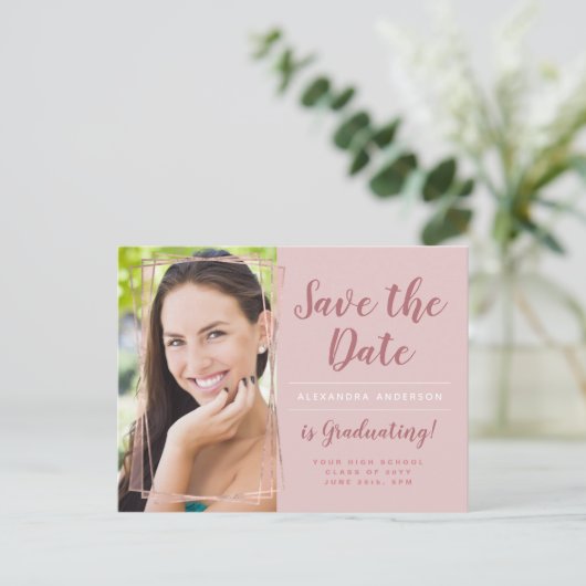 Roos Gold Save the Date Foto Afstuderen Briefkaart (Staand voorkant)