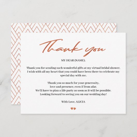 Roos Gold Script Bruids Virtual Shower Dank u Bedankkaart (Voorkant / Achterkant)