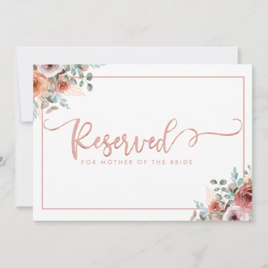 Roos Gold Script, Floral Reserved Place Card Aankondiging (Voorkant)
