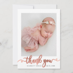 Roos Gold Script minimalistisch Baby foto dank u Bedankkaart