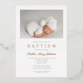 Roos Gold Script Modern roze foto Girl Baptisme Folie Uitnodiging (Voorkant)