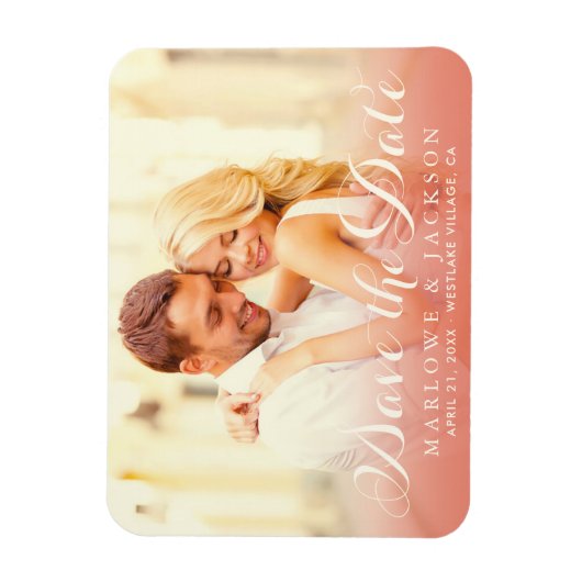 Roos Gold Script Overlay Foto Opslaan datumverhaal Magneet (Verticaal)
