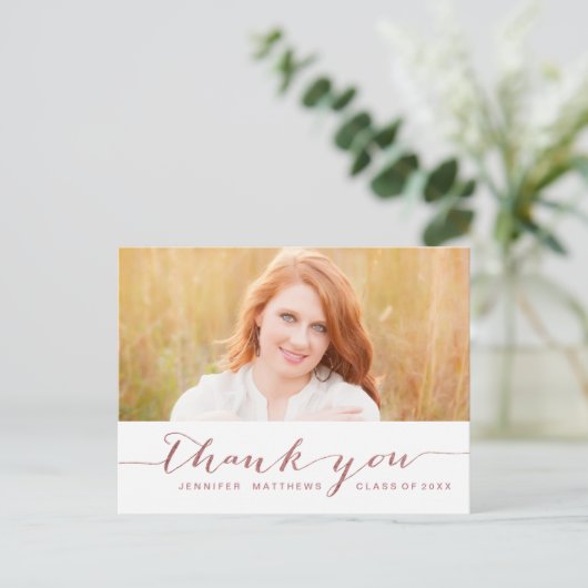 Roos Gold Script Photo Afstuderen Hartelijk dank Briefkaart (Staand voorkant)