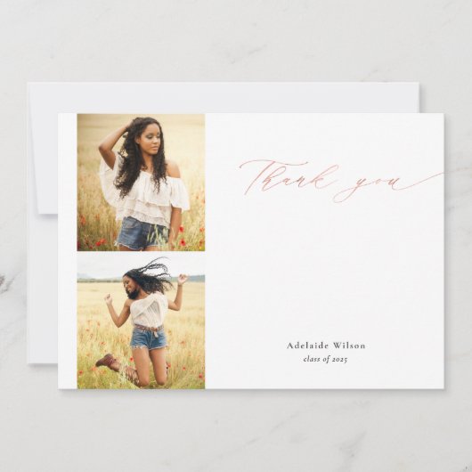 Roos Gold Script Twee foto-Afstuderen Dank u wel Bedankkaart (Voorkant)