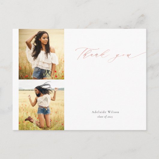 Roos Gold Script Twee foto-Afstuderen Dank u wel Briefkaart (Voorkant)