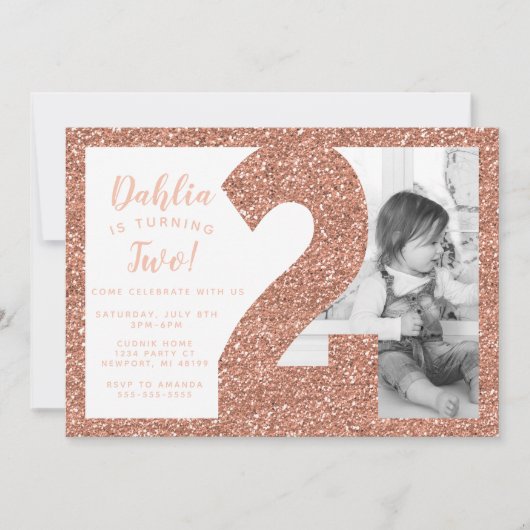 Roos Gold Second Birthday Invitation, Faux Glitter Kaart (Voorkant)