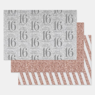 Roos Gold Silver Glitter Sweet 16 Aangepast roze Inpakpapier Vel