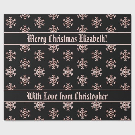 Roos Gold Snowflakes Pattern Kerstmis Black Cadeaupapier (Vlak)