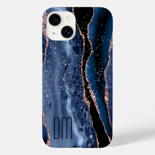Roos Gold Sparkle Blue Abstract Monogram Case-Mate iPhone Case (Achterkant)