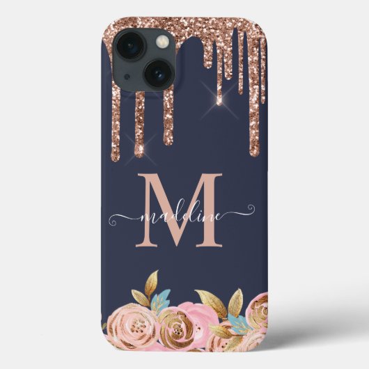 Roos Gold Sparkle Glam Glitter Drift Monogram Case-Mate iPhone Case (Achterkant)
