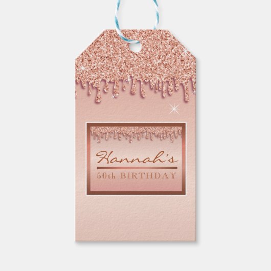 Roos Gold Sparkle Glitter Drip Verjaardagsgeschenk Cadeaulabel (Voorkant)