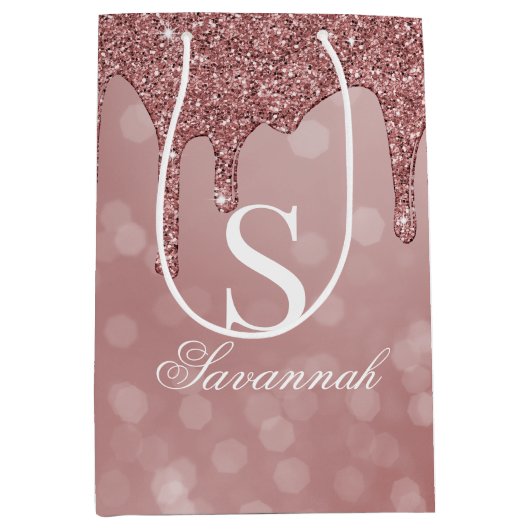 Roos Gold Sparkle Glitter Drips Bokeh Monogram Medium Cadeauzakje (Voorkant)