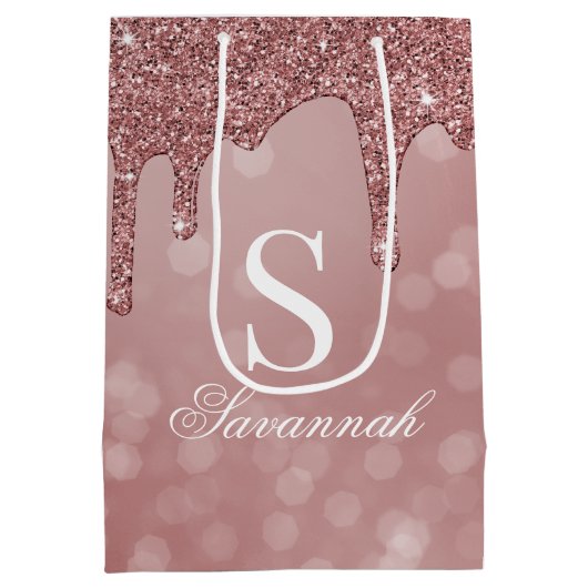 Roos Gold Sparkle Glitter Drips Bokeh Monogram Medium Cadeauzakje (Achterkant)