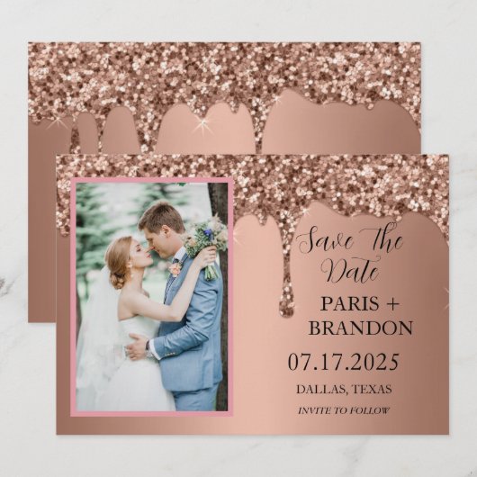 Roos Gold Sparkle Glitter Drips Roze Bruiloft Save The Date (Voorkant / Achterkant)