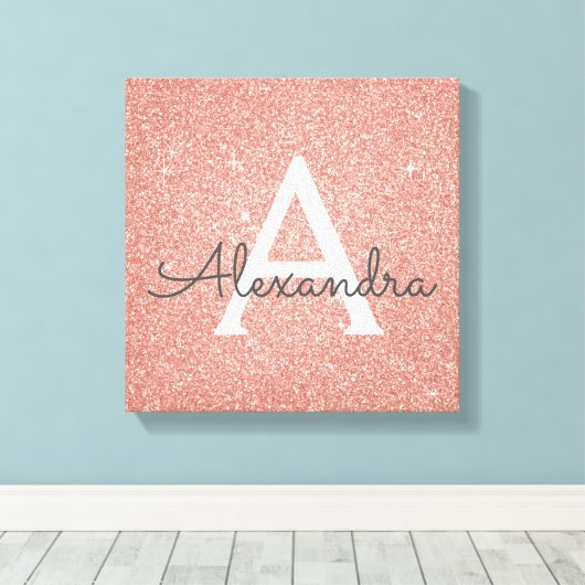 Roos Gold Sparkle Glitter Monogram Naam en Initiaa Canvas Afdruk (Insitu (Houten vloer))