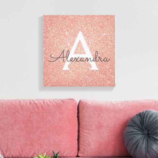 Roos Gold Sparkle Glitter Monogram Naam en Initiaa Canvas Afdruk (Insitu (Woonkamer))
