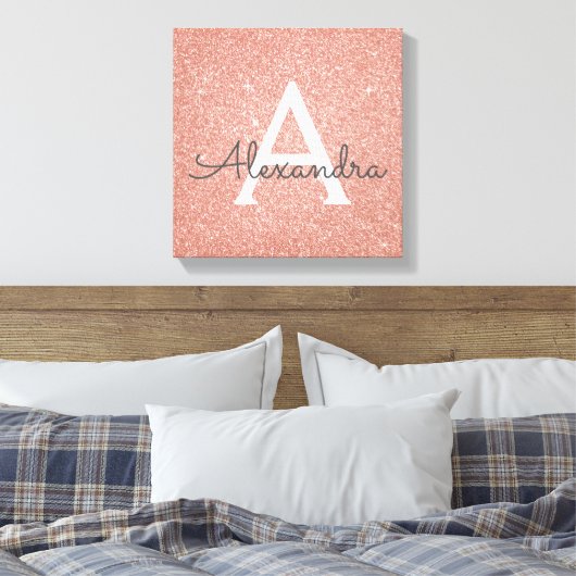 Roos Gold Sparkle Glitter Monogram Naam en Initiaa Canvas Afdruk (Insitu (Slaapkamer))
