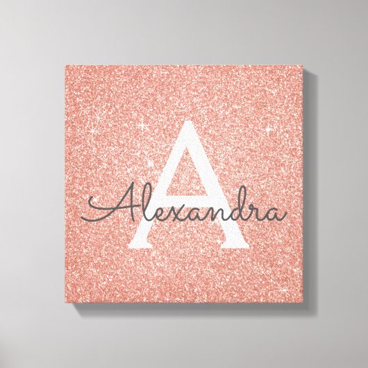 Roos Gold Sparkle Glitter Monogram Naam en Initiaa Canvas Afdruk (Voorkant)
