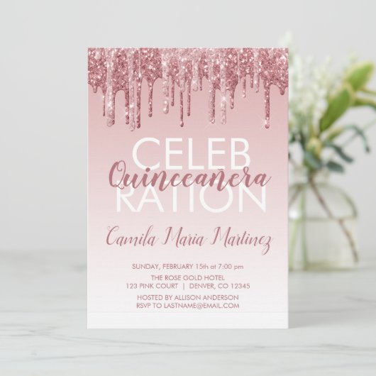 Roos Gold Sparkle Glitter Quinceanera Celebration Kaart (Staand voorkant)